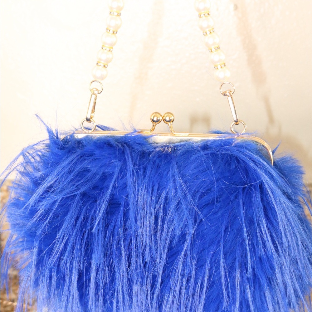Electric Blue Faux Fur Clutch with Gold Chain